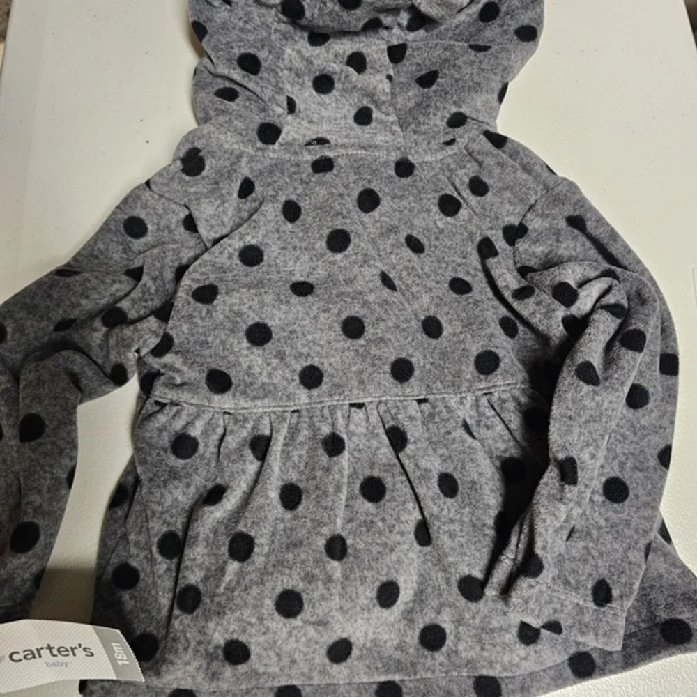 Carters Baby Girls Gray Black Polka Dot Fleece Hooded Peacoat Jacket 18M NWT‎